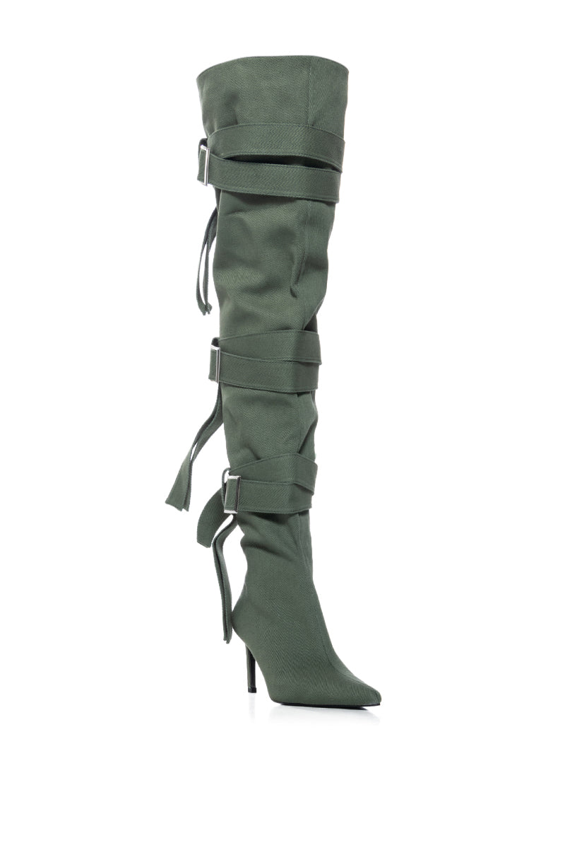 AZALEA WANG RICHMOND STRAPPY UTILITY THIGH HIGH BOOT IN GREEN