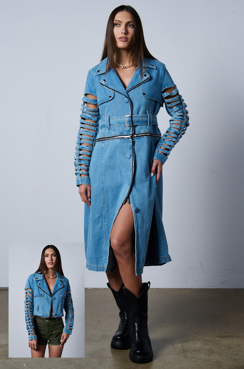 BLOSSOM DENIM CUT OUT PANEL CONVERTIBLE TRENCH