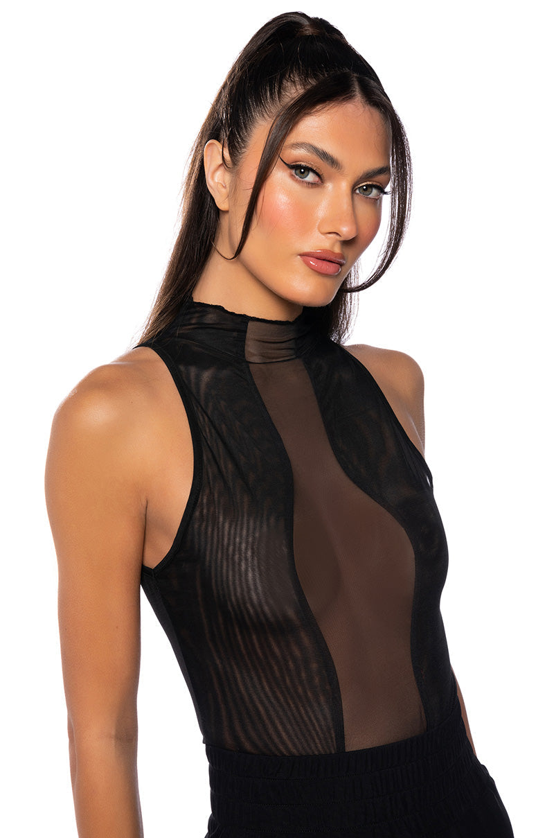 BODY LINES MESH MOCK NECK BODYSUIT