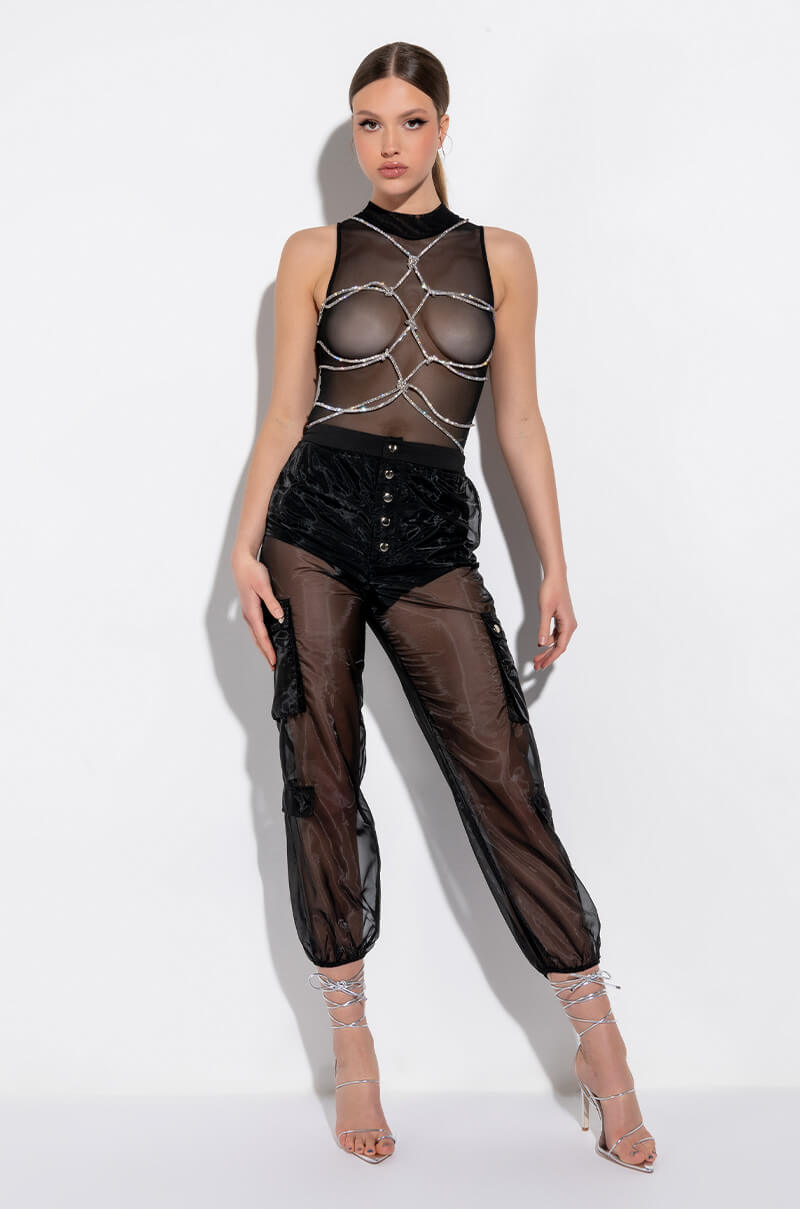 BOUT TIME RHINESTONE CHAIN SLEEVELESS MOCK NECK MESH BODYSUIT