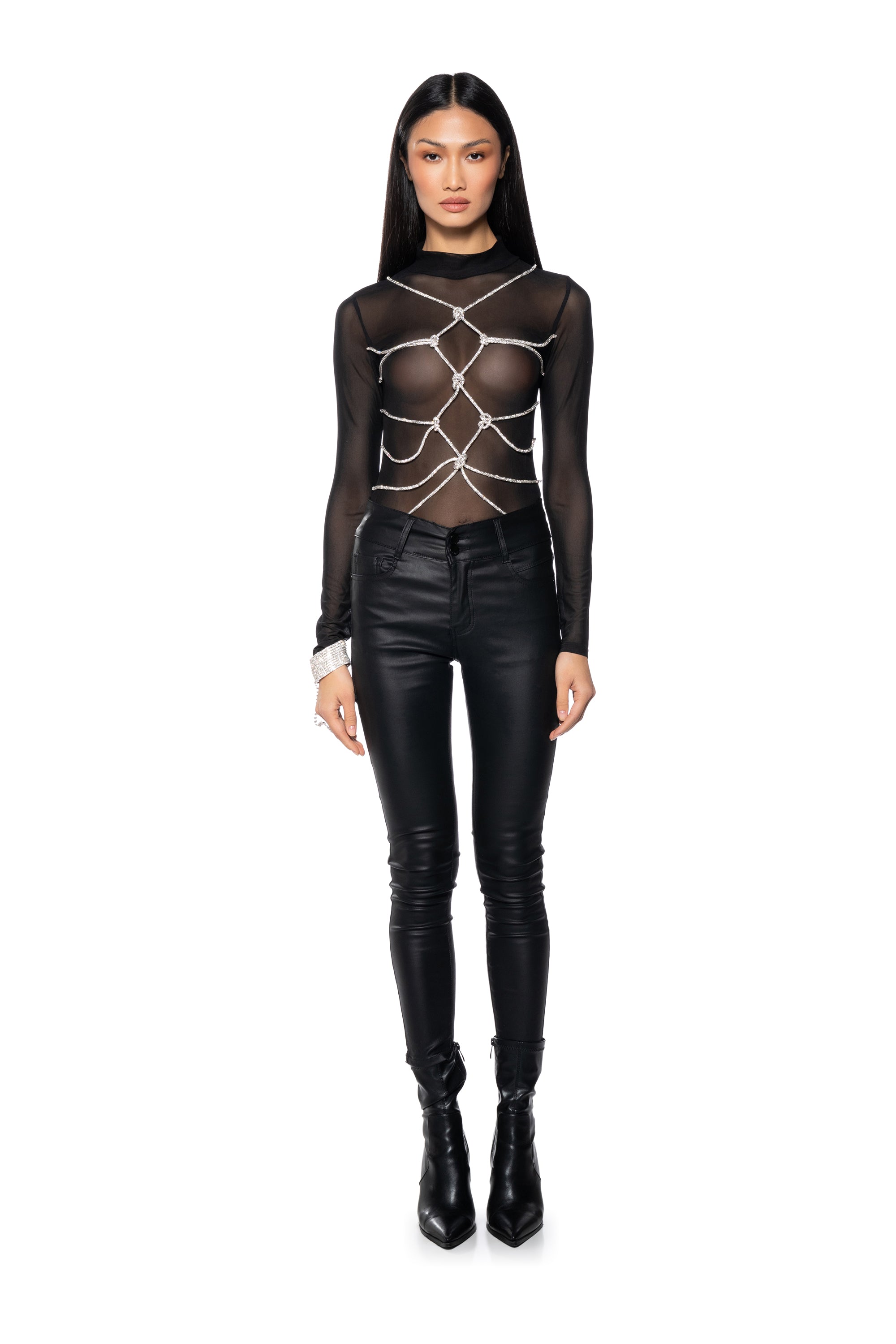 BOUT TIME RHINESTONE CHAIN LONG SLEEVE MOCK NECK MESH BODYSUIT