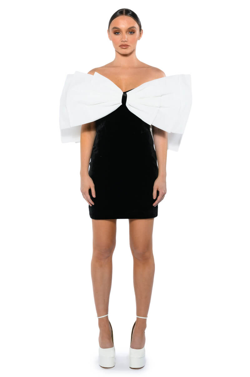 CELINE STATEMENT BOW VELVET MINI DRESS