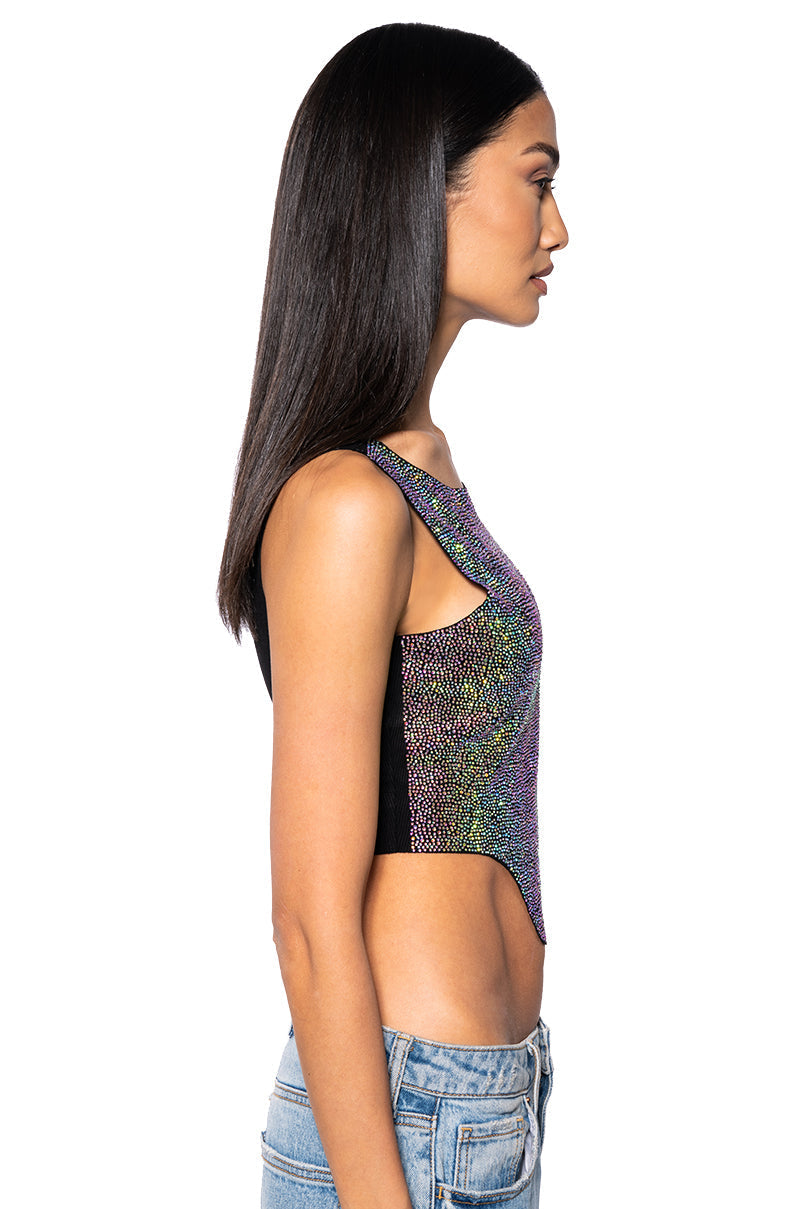 COSMIC ENERGY CROPPED CUT OFF RHINESTONE TANK IN BLACK