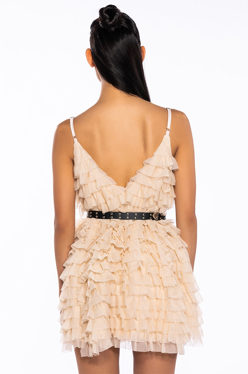 CRAZY FOR YOU BELTED TIERED TULLE MINI DRESS