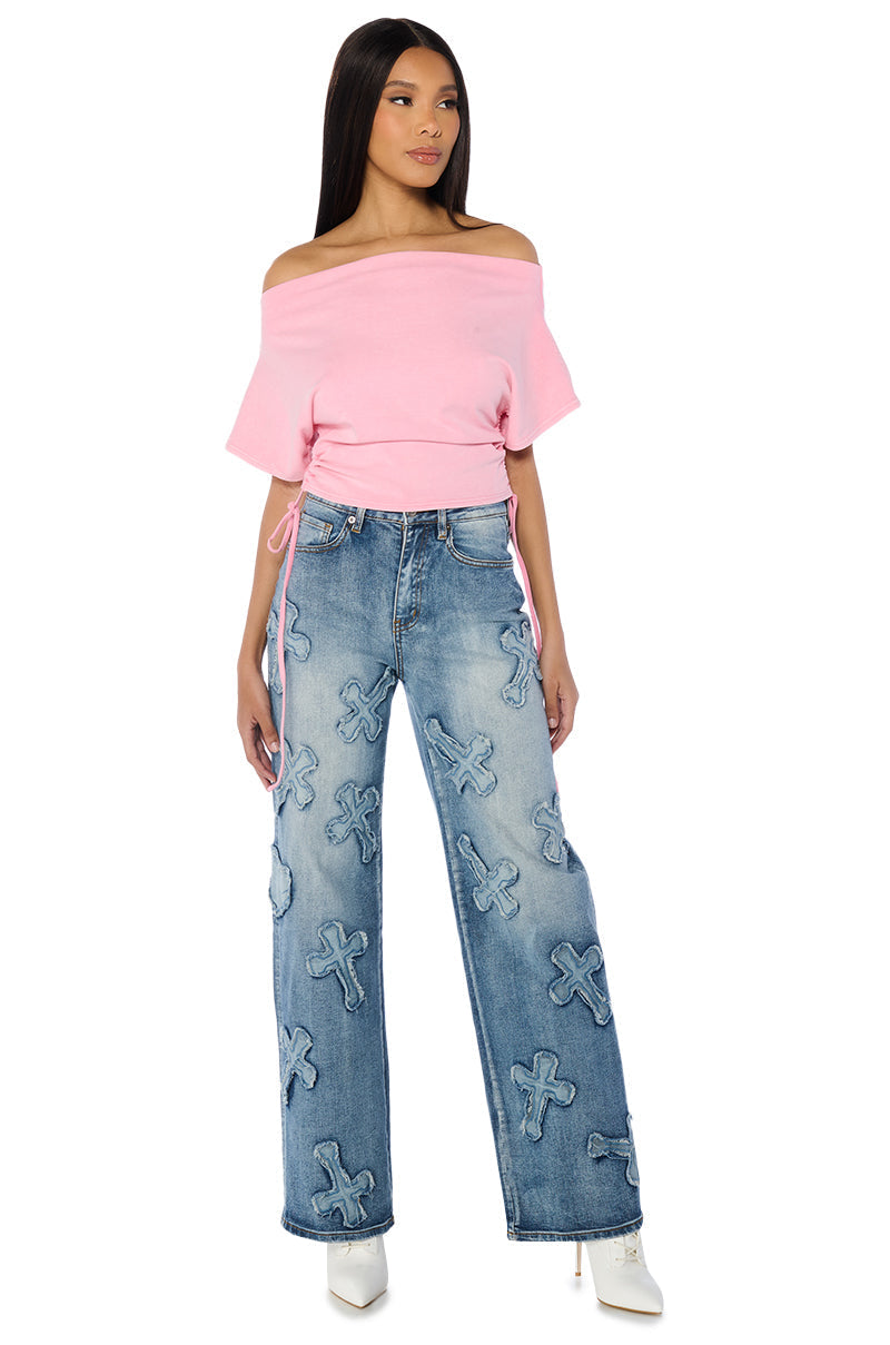 CRAZY IN LOVE SHORT SLEEVE OFF THE SHOULDER TSHIRT IN PINK