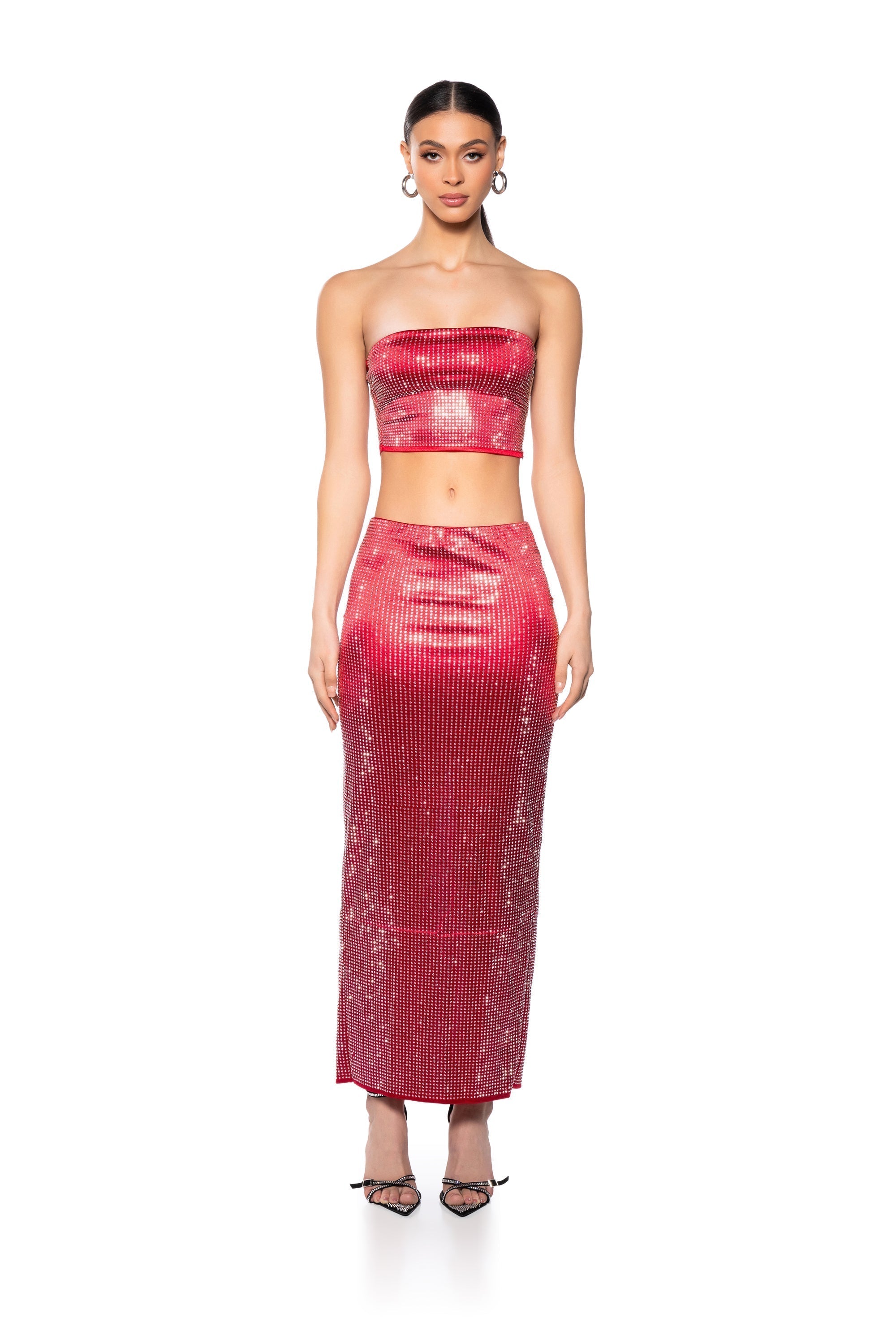 DECISION MAKER RHINESTONE TUBE TOP IN RED