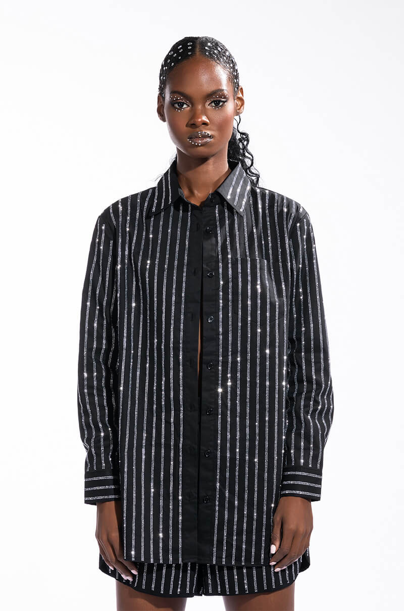 DRIPPIN RHINESTONE PINSTRIPE BUTTON UP