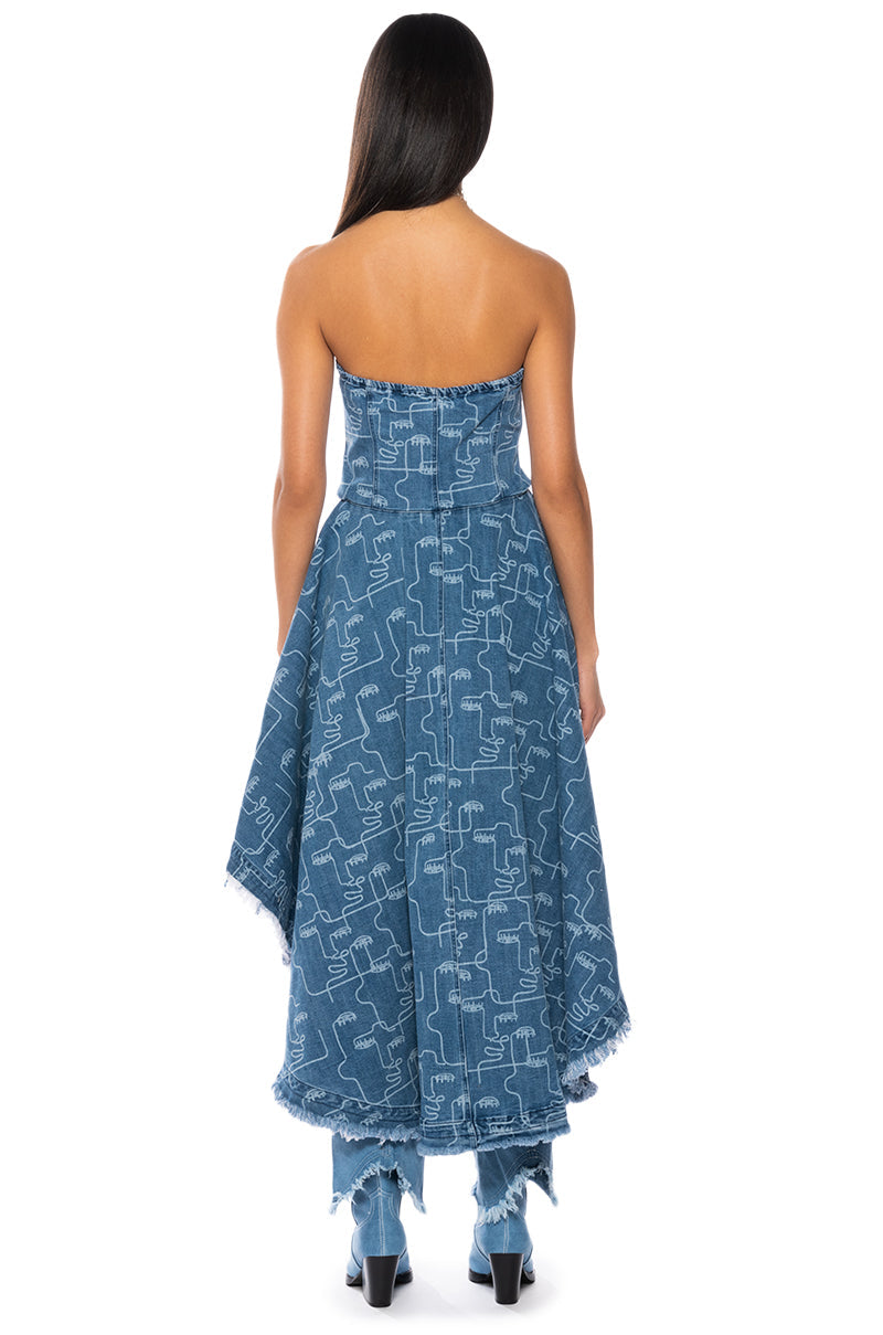 DUSK TIL DAWN PRINTED DENIM CORSET BLOUSE