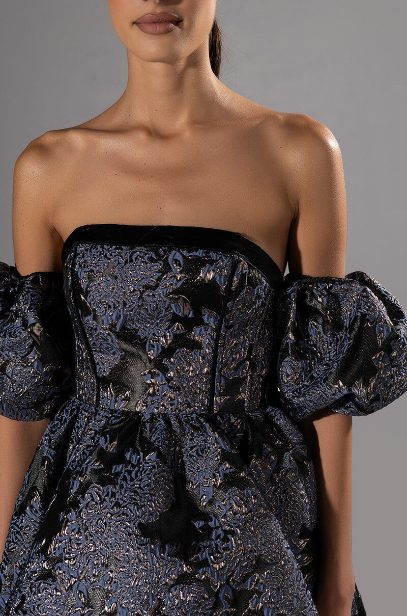 ELOISE OFF THE SHOULDER BROCADE DRESS