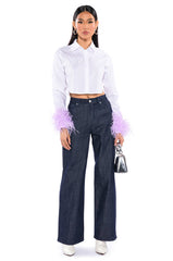FEATHERS ON MY MIND CROPPED POPLIN SHIRT WITH FEATHERS
