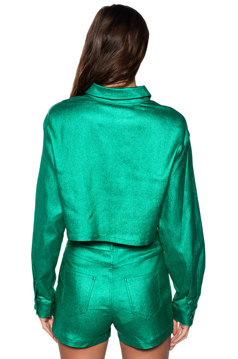 FEELING GOOD METALLIC BUTTON DOWN CROP BLOUSE