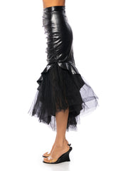 FEMININE FLARE TULLE AND FAUX LEATHER MAXI SKIRT