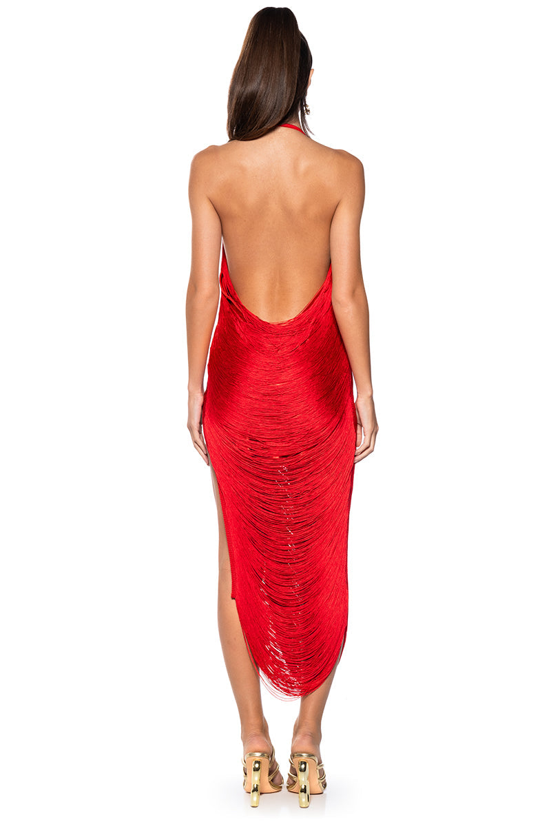 GIANINA FRINGED COWL NECK MAXI DRESS IN RED