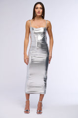 GLOW BABY BACKLESS METALLIC MAXI DRESS IN SILVER