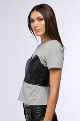 GOT ME TWISTED T SHIRT WITH FAUX LEATHER CORSET DETAIL
