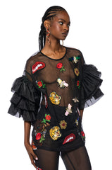 OH WOW RUFFLED SLEEVE PATCH DETAIL OVERSIZED SHIRT