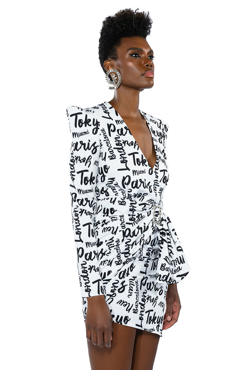 PASSPORT TO EVERYWHERE RUCHED LONG SLEEVE MINI DRESS