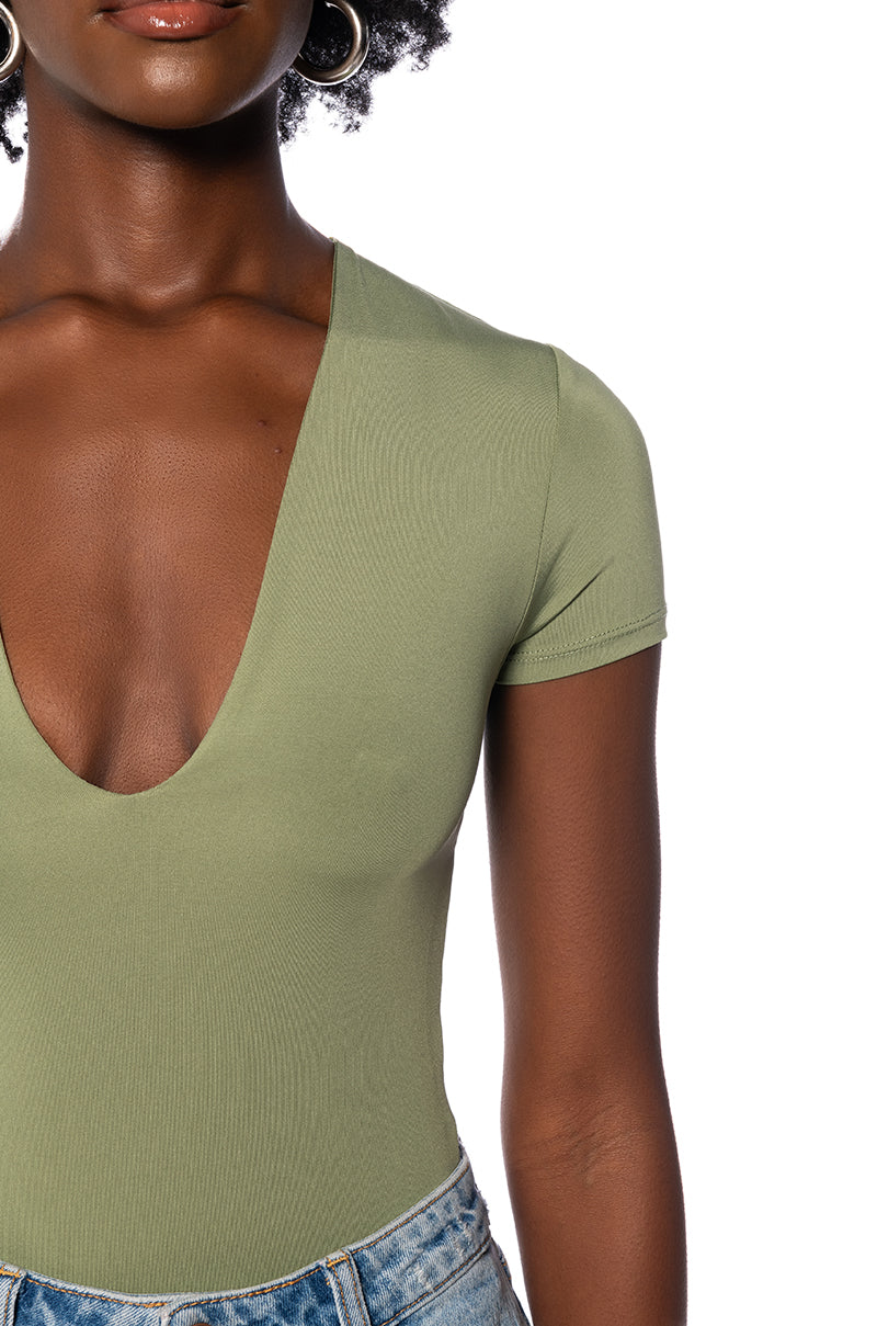 PAXTON DEEP V SHORT SLEEVE BODYSUIT IN OLIVE
