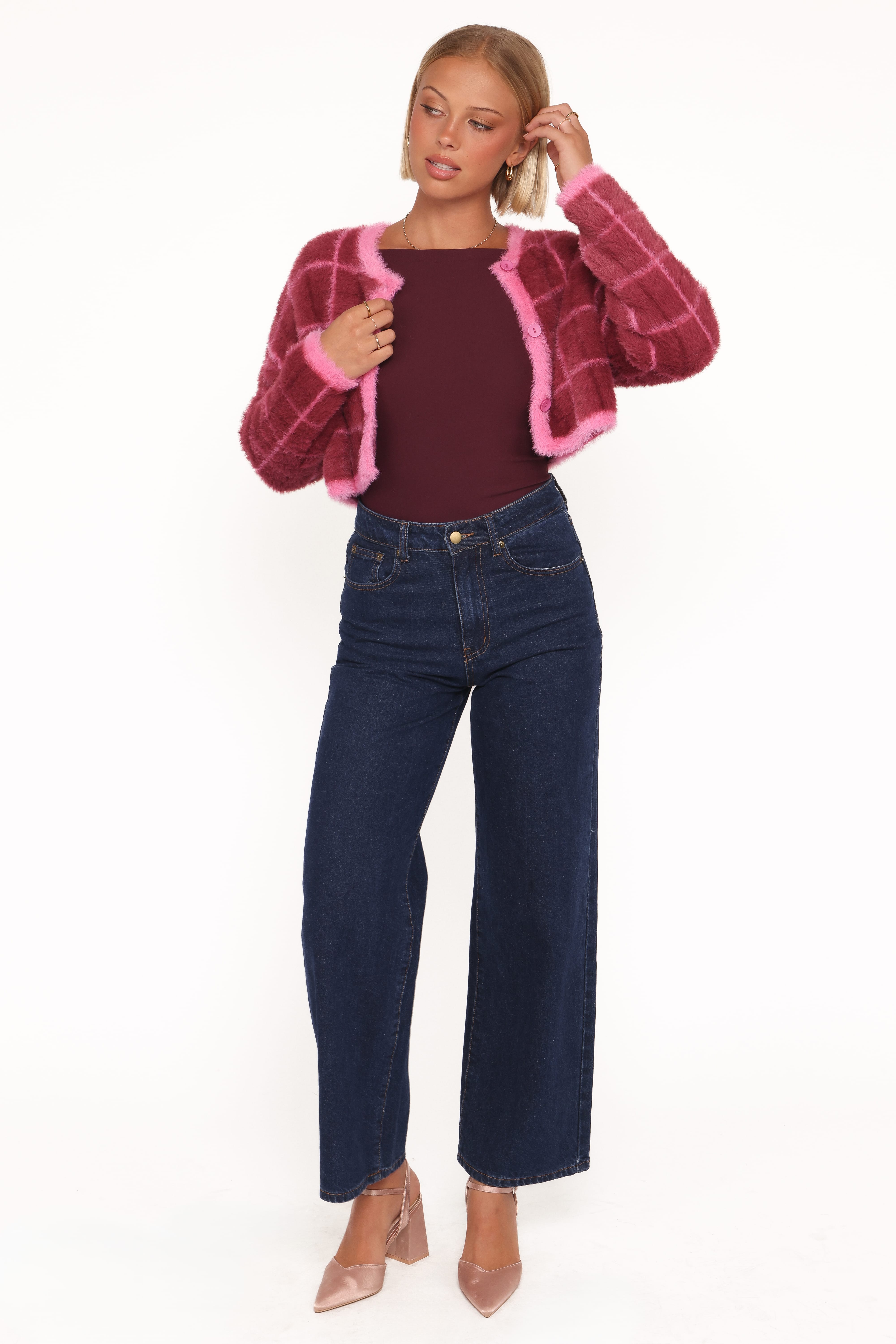 Viola Plaid Button Front Cardigan - Burgundy