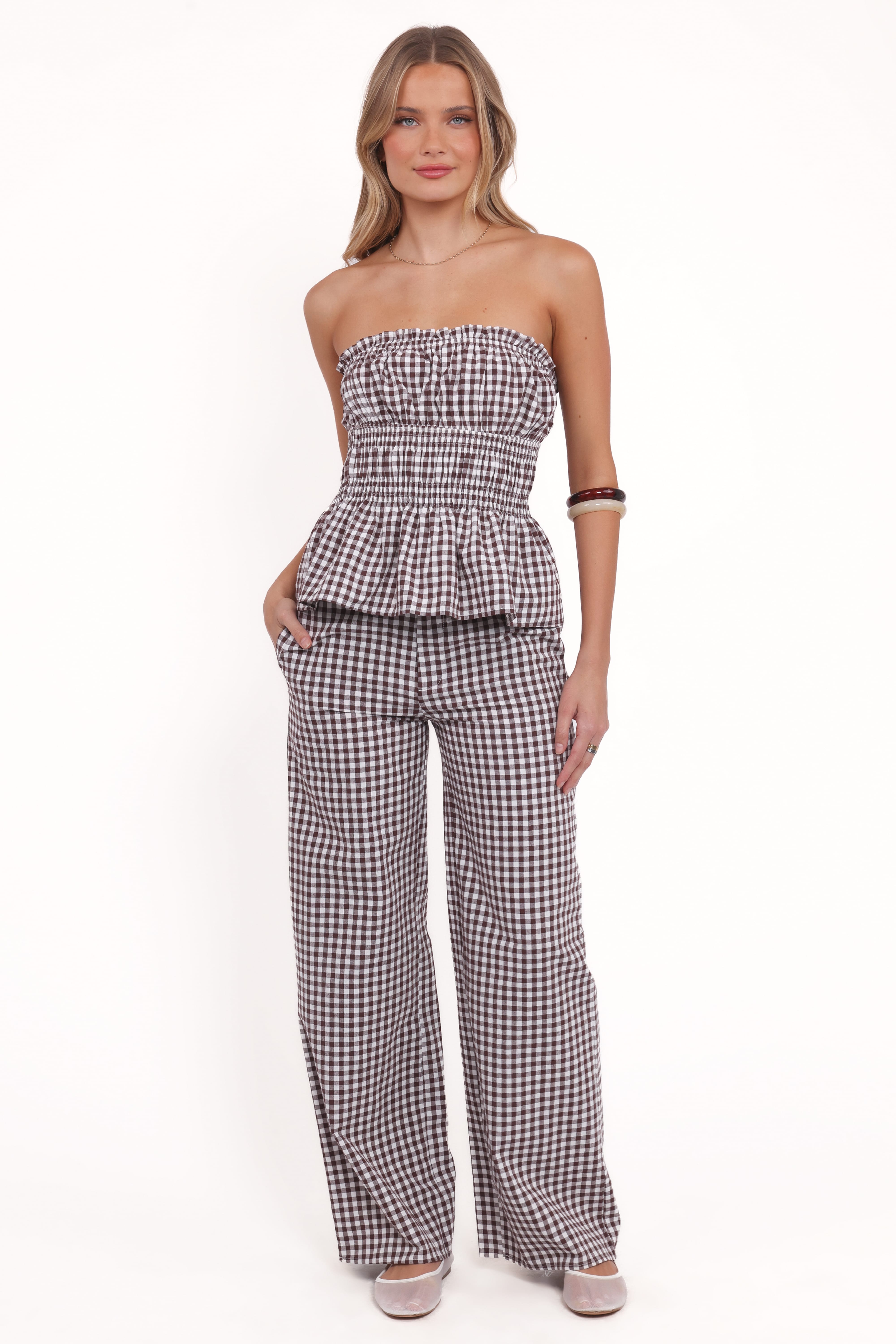 Amity Strapless Top - Brown Gingham