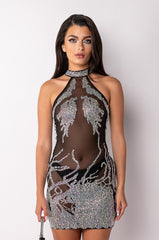 PLEASE DON'T HATE HALTER TOP RHINESTONE MESH MINI DRESS