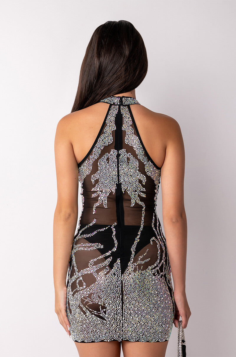 PLEASE DON'T HATE HALTER TOP RHINESTONE MESH MINI DRESS