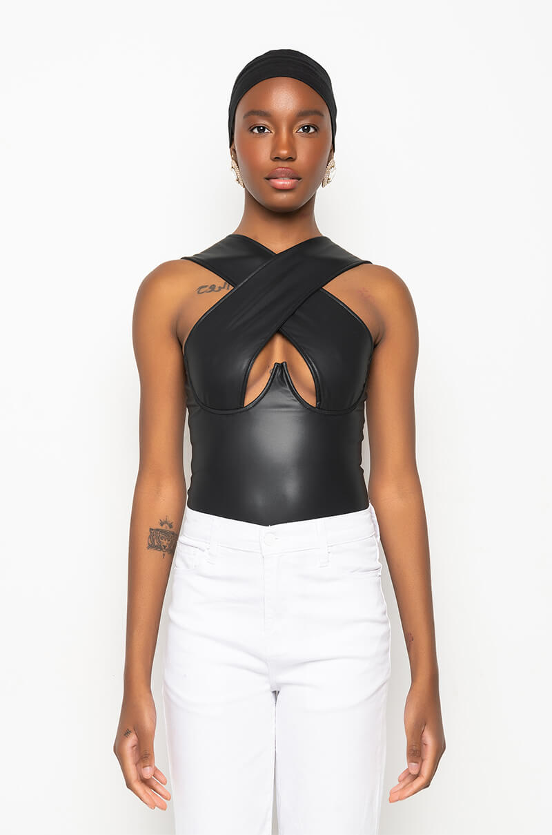 PROVOCATIVE PLEATHER SLEEVELESS BODYSUIT