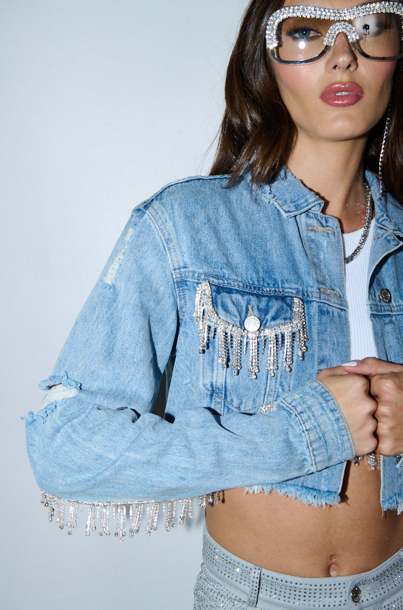 PURE HAPPINESS RHINESTONE CROPPED DENIM JACKET IN BLUE