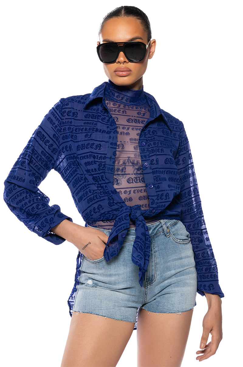 QUEENIE FLOCKED BUTTON DOWN BLOUSE