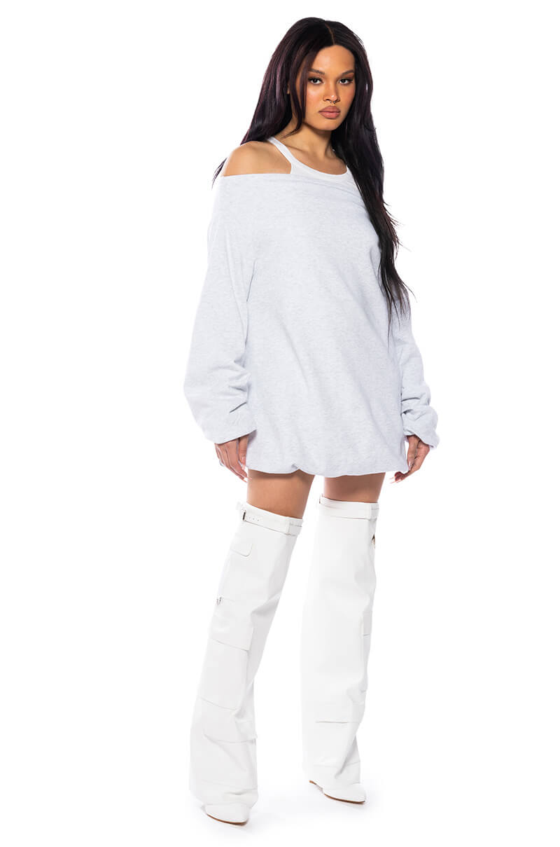 RELAXED CUTIE FRENCH TERRY OFF THE SHOULDER MINI DRESS