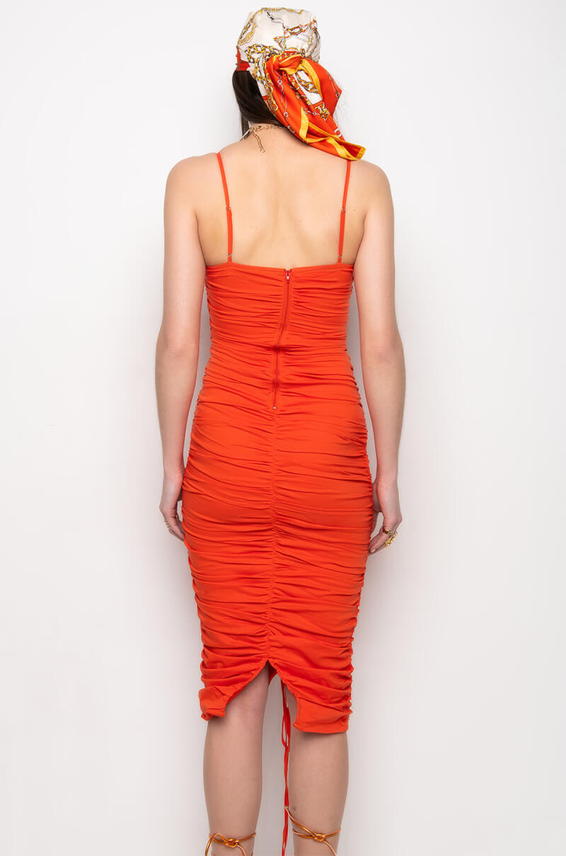 CAN'T HELP IT MIDI RUCHED DRESS
