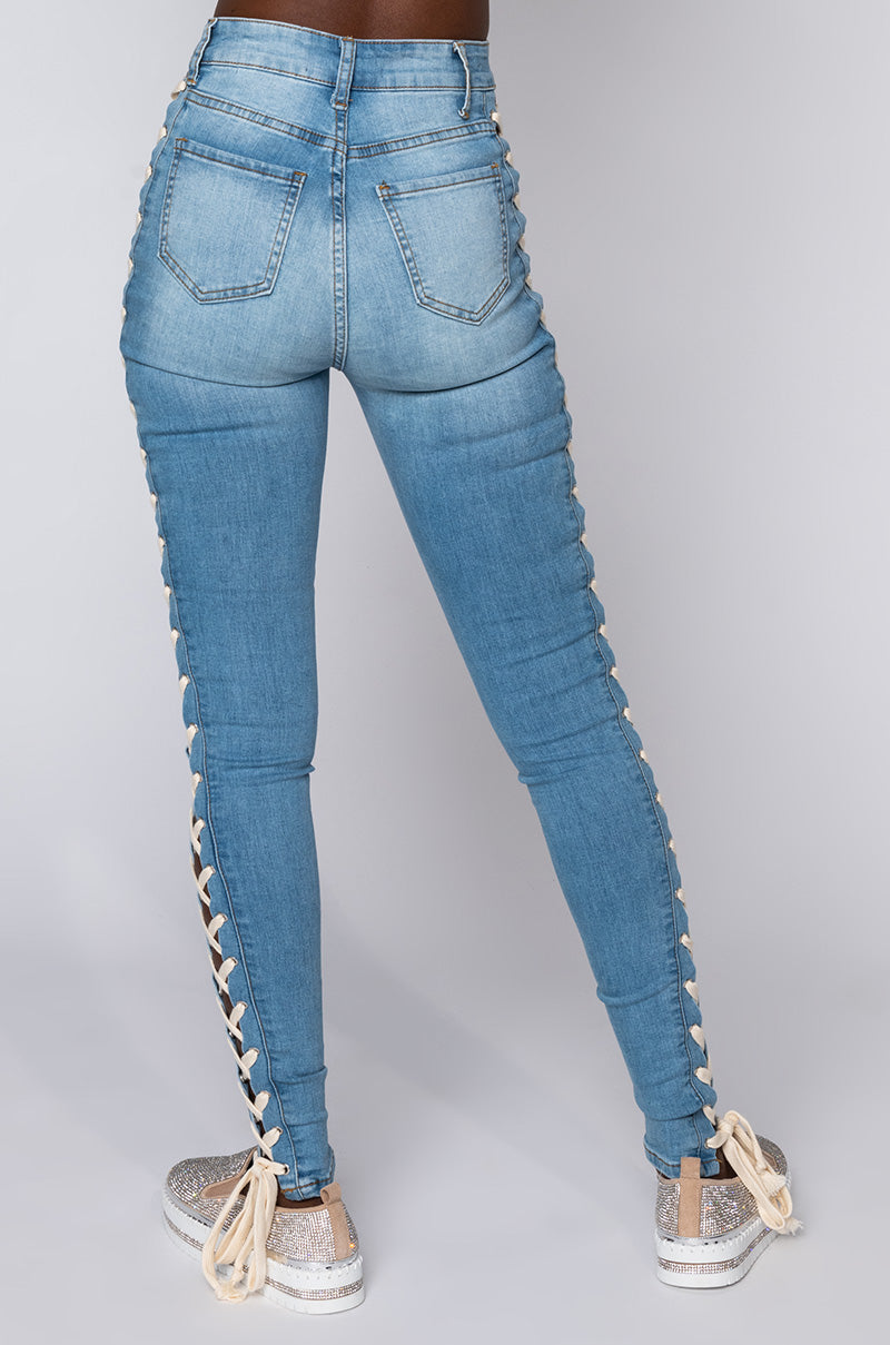 ROCK THE RUNWAY LACE UP SKINNY JEANS