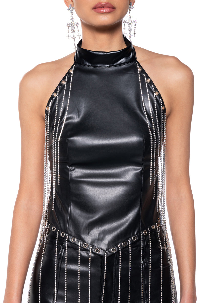 ROXANNE FAUX LEATHER RHINESTONE FRINGE HALTER TOP